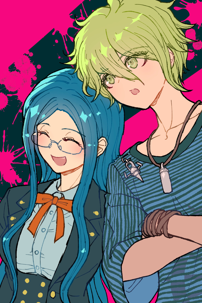 1boy 1girl :o absurdres amami_rantaro black_jacket black_skirt blue_hair blue_shirt buttons closed_eyes collarbone collared_shirt crossed_arms danganronpa_(series) danganronpa_v3:_killing_harmony forehead glasses green_eyes green_hair hair_between_eyes height_difference highres jacket jewelry long_hair neck_ribbon necklace open_clothes open_mouth orange_ribbon ribbon round_eyewear shirogane_tsumugi shirt short_hair skirt smile t-shirt very_long_hair white_shirt youko-shima