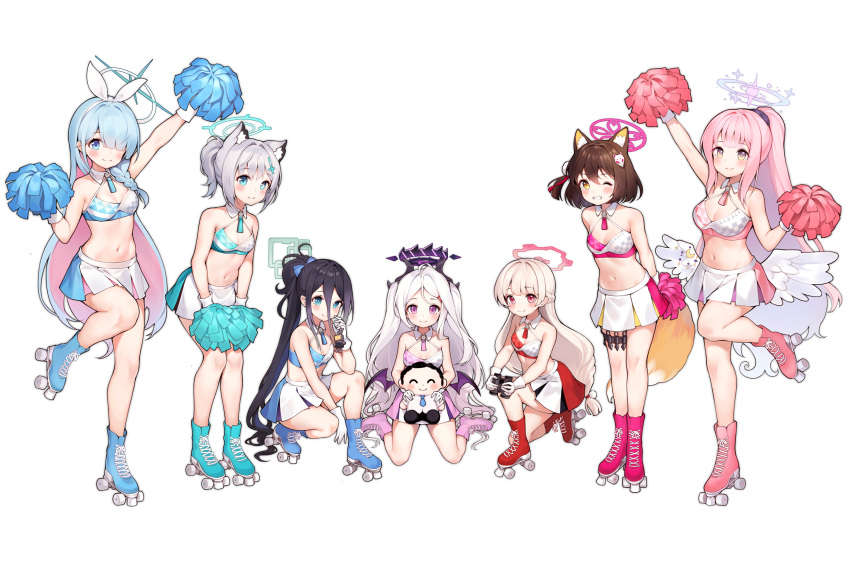 1boy 6+girls ;d absurdly_long_hair absurdres ahoge alternate_costume alternate_hairstyle angel_wings animal_ear_fluff animal_ears aqua_hair aris_(blue_archive) arm_up armpits arms_behind_back binoculars black_hair blue_archive blue_eyes blunt_bangs blurry blush braid breasts brown_hair cheerleader cleavage colored_inner_hair commentary_request cross_hair_ornament demon_girl demon_horns demon_wings depth_of_field detached_collar doodle_sensei_(blue_archive) extra_ears feathered_wings fox_ears fox_girl fox_hair_ornament fox_tail french_braid general_student_council_president_(blue_archive) gloves grey_hair hair_between_eyes hair_ornament hair_over_one_eye hair_scrunchie hairclip halo highres hina_(blue_archive) holding holding_binoculars holding_pom_poms horns izuna_(blue_archive) kneeling leaning_forward long_hair looking_at_another looking_at_viewer medium_hair mika_(blue_archive) millennium_cheerleader_outfit_(blue_archive) multicolored_hair multiple_girls navel nodoka_(blue_archive) official_alternate_hairstyle okazakileo on_one_knee one_eye_closed one_side_up parted_bangs pink_hair pleated_skirt pom_pom_(cheerleading) ponytail purple_eyes red_eyes roller_skates scrunchie sensei_(blue_archive) shiroko_(blue_archive) sidelocks single_braid sitting sitting_on_lap sitting_on_person size_difference skates skirt smile standing standing_on_one_leg stomach tail two-tone_hair very_long_hair wavy_hair white_background white_gloves white_hair white_wings wings wolf_ears wolf_girl yellow_eyes