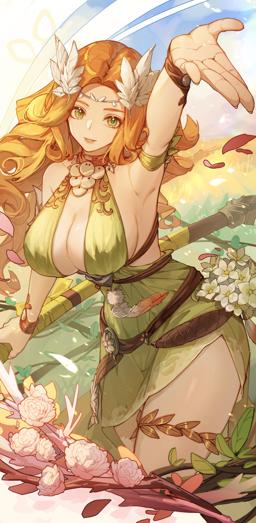 1girl absurdres arm_up armband armpits bare_shoulders branch breasts chinese_commentary circlet cleavage cleavage_cutout clothing_cutout commentary_request cowboy_shot curly_hair day dress falling_petals feathers final_fantasy final_fantasy_xiv flower from_above green_dress green_eyes hair_ornament halter_dress halterneck highres holding holding_polearm holding_weapon kotatsu_kaya large_breasts leaf leaf_hair_ornament long_hair looking_at_viewer nophica orange_hair outdoors outstretched_arm petals polearm rose side_slit sideboob sleeveless sleeveless_dress smile solo weapon white_flower white_rose wristband