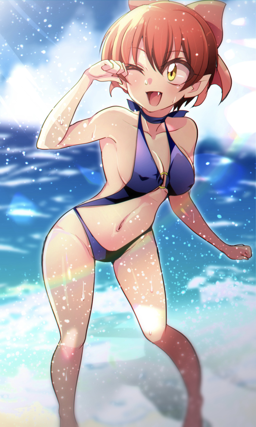 1girl absurdres barefoot beach blue_one-piece_swimsuit blue_sky blurry blurry_background bow breasts cloud cloudy_sky commentary day fang gegege_no_kitarou hair_bow hakama halterneck highres horizon japanese_clothes leaning_forward looking_to_the_side medium_breasts mitsuki_tayura navel nekomusume nekomusume_(gegege_no_kitarou_5) o-ring o-ring_swimsuit ocean one-piece_swimsuit one_eye_closed open_mouth outdoors pink_bow pointy_ears red_hakama short_hair sky slingshot_swimsuit smile solo splashing standing swimsuit water_drop yellow_eyes