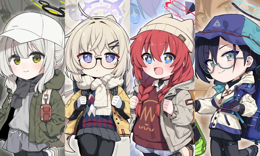 4girls b.t._(boob_tong) beanie black_hair black_pantyhose black_scarf black_skirt blonde_hair blue_archive blue_eyes blue_headwear blush braid brown_shirt chihiro_(blue_archive) chihiro_(camp)_(blue_archive) closed_mouth collared_shirt commentary_request glasses green_eyes green_jacket grey_eyes grey_hair grey_headwear grey_jacket grey_skirt hair_between_eyes halo hare_(blue_archive) hare_(camp)_(blue_archive) hat highres hood hood_down hooded_jacket jacket korean_commentary kotama_(blue_archive) kotama_(camp)_(blue_archive) long_hair long_sleeves maki_(blue_archive) maki_(camp)_(blue_archive) multiple_girls official_alternate_costume official_alternate_hairstyle open_clothes open_jacket open_mouth pantyhose pleated_skirt ponytail purple_eyes purple_halo red_hair red_halo scarf shirt skirt smile twin_braids veritas_(blue_archive) white_headwear white_jacket white_scarf white_shirt yellow_jacket