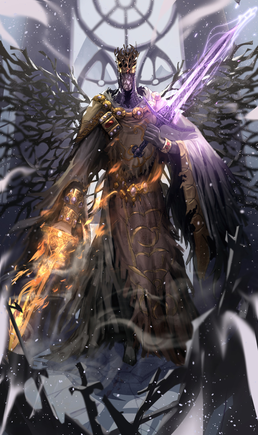 1boy absurdres amulet blurry blurry_background blurry_foreground bracelet chinese_commentary colored_skin commentary_request crown dark_souls_(series) dark_souls_iii faceless fire fog grey_skin highres holding holding_sword holding_weapon jewelry koiking_(liyuw099) magic male_focus pontiff_sulyvahn robe solo standing statue sword thorns weapon white_robe window