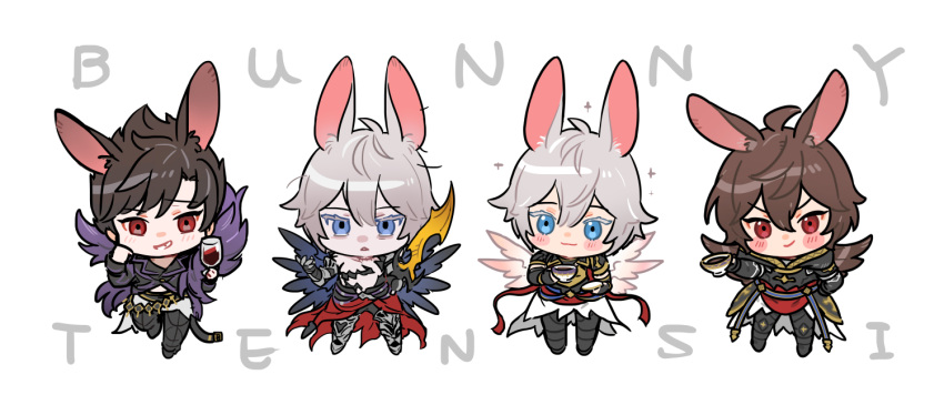 4boys ahoge animal_ears armor belial_(granblue_fantasy) blue_eyes blush_stickers brown_hair chibi colored_eyelashes commentary commentary_request cup empty_eyes english_text expressionless feather_boa feathered_wings full_body furrowed_brow granblue_fantasy grin hair_between_eyes holding holding_cup hood kemonomimi_mode light_smile lucifer_(shingeki_no_bahamut) lucilius_(granblue_fantasy) male_focus messy_hair multiple_boys pale_skin rabbit_ears red_eyes sandalphon_(granblue_fantasy) sanditk_gbf scar scar_on_neck short_hair smile spiked_hair topless_male white_background white_hair wings