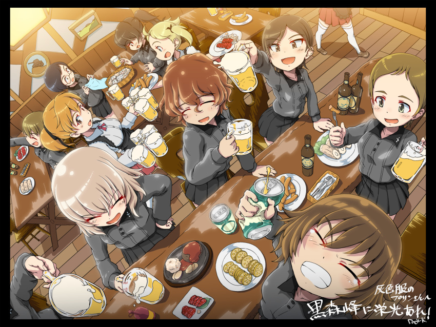 6+girls absurdres akaboshi_koume alcohol arm_up artist_name beer beer_bottle beer_can beer_mug black_border black_hair black_ribbon black_skirt blonde_hair border brown_eyes brown_hair can closed_eyes commentary_request commission cup dress_shirt drink_can dutch_angle food girls_und_panzer girls_und_panzer_saishuushou glasses grey_hair grey_shirt grin hair_ribbon hair_tie hand_on_own_hip hida_ema highres holding holding_can holding_cup indoors iruma_anna itsumi_erika itsumi_erika's_loader katsuya_megu kojima_emi kuromorimine_school_uniform kuroneko_douji leaning_forward long_sleeves medium_hair miniskirt mug multiple_girls neck_ribbon on_chair open_mouth partial_commentary party pixiv_commission plate pleated_skirt ponytail red_ribbon red_skirt ribbon round_eyewear school_uniform shirt shoes short_hair short_ponytail signature skirt smile spoilers standing swept_bangs table thighhighs translated twintails very_short_hair waitress white_shirt white_thighhighs wing_collar wooden_floor
