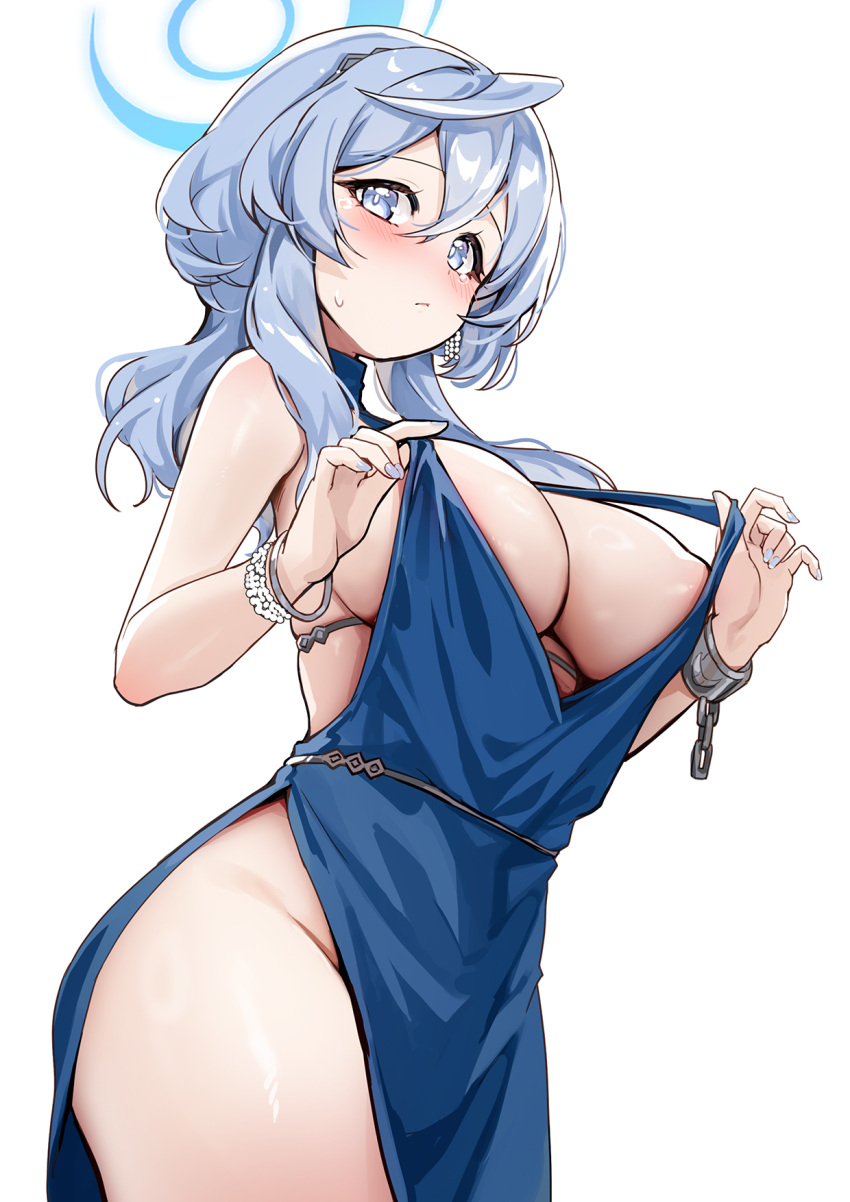 1girl ako_(blue_archive) ako_(dress)_(blue_archive) backless_dress backless_outfit blue_archive blue_dress blue_eyes blue_hair blue_halo breasts clothes_pull cuffs dress dress_pull halo handcuffs highres jewelry large_breasts looking_at_viewer official_alternate_costume picter short_hair sideboob sideless_dress single_handcuff sleeveless sleeveless_dress solo