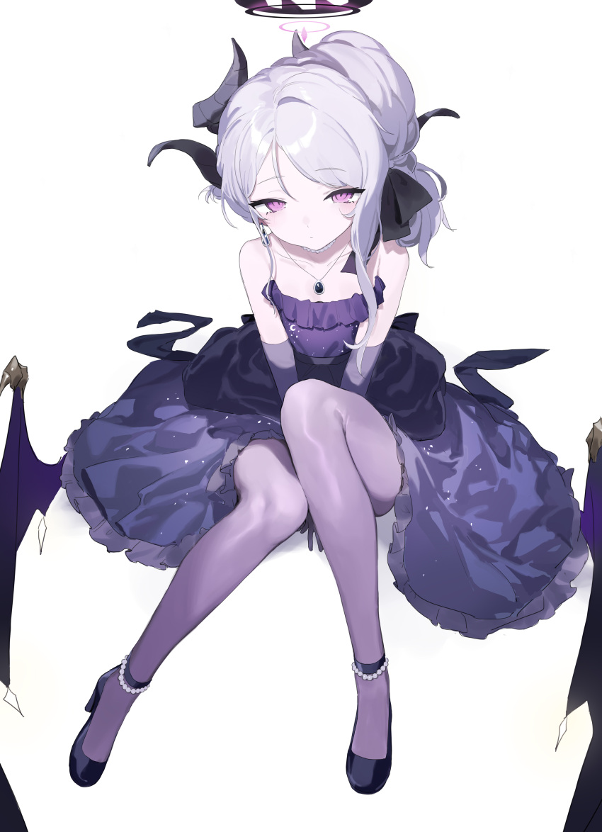 1girl absurdres black_horns blue_archive blush closed_mouth demon_horns demon_wings dress elbow_gloves gloves grey_hair halo highres hina_(blue_archive) hina_(dress)_(blue_archive) horns long_hair looking_at_viewer official_alternate_costume purple_dress purple_eyes purple_gloves purple_wings sh_(shinh) solo strapless strapless_dress wings