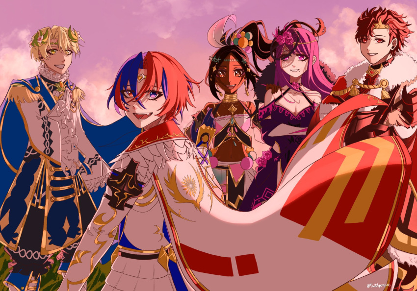 2girls 3boys alear_(fire_emblem) alear_(male)_(fire_emblem) alfred_(fire_emblem) black_hair blonde_hair blue_cape blue_eyes blue_hair brown_eyes cape circlet crop_top crossed_bangs dark-skinned_female dark_skin detached_sleeves diamant_(fire_emblem) dress fire_emblem fire_emblem_engage frilled_sleeves frills gloves green_eyes hair_between_eyes hair_ornament heterochromia highres ivy_(fire_emblem) jewelry long_hair long_sleeves looking_at_another looking_at_viewer multicolored_hair multiple_boys multiple_girls navel necklace open_mouth purple_eyes purple_hair red_eyes red_hair short_hair smile split-color_hair teeth timerra_(fire_emblem) twilitponpon two-tone_hair upper_teeth_only white_cape