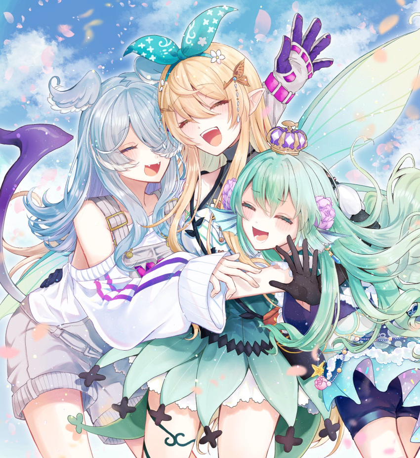 3girls 7793gayu black_gloves blonde_hair blue_hair blue_sky closed_eyes cloud cowboy_shot crown day dress elira_pendora fangs finana_ryugu flower gloves green_hair hair_between_eyes hair_flower hair_ornament hair_over_one_eye hairclip head_wings headband highres hug lazulight long_hair long_sleeves multiple_girls nijisanji nijisanji_en outdoors pomu_rainpuff pomu_rainpuff_(1st_costume) shorts sky smile suspender_shorts suspenders sweater tail virtual_youtuber white_sweater wings