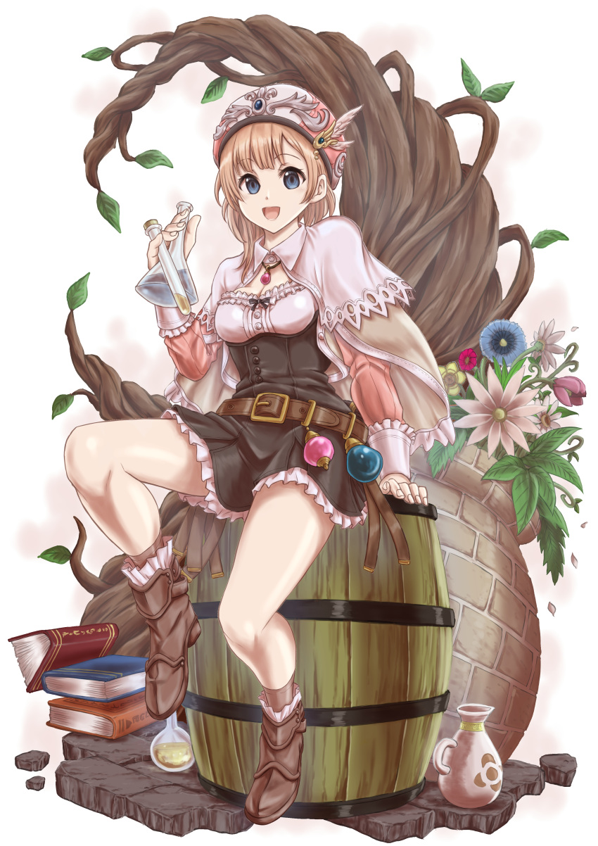 absurdres barrel book boots flask flower highres holding kenichiart rororina_fryxell sitting