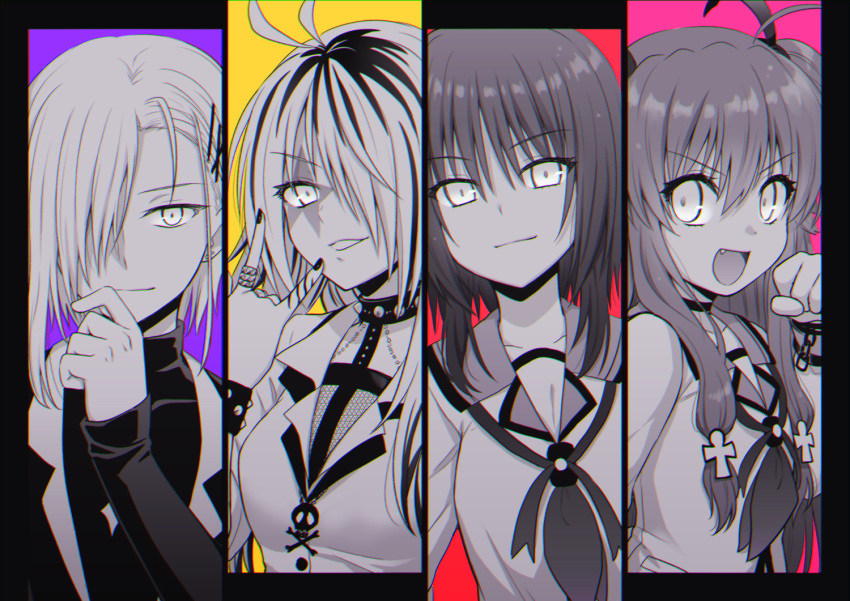 4girls :d \m/ ahoge angel_beats! black_choker black_nails character_request choker closed_mouth commentary eyelashes eyes_visible_through_hair fang greyscale hair_between_eyes hair_ornament hair_over_one_eye hand_up iwasawa_masami jewelry kirisaki_(angel_beats!) long_hair looking_at_viewer monochrome multicolored_hair multiple_girls nail_polish nakamura_hinato neckerchief one_eye_covered open_mouth ring sailor_collar shinda_sekai_sensen_uniform shirt short_hair simple_background sleeves_past_wrists smile streaked_hair upper_body v-shaped_eyebrows x_hair_ornament yui_(angel_beats!)