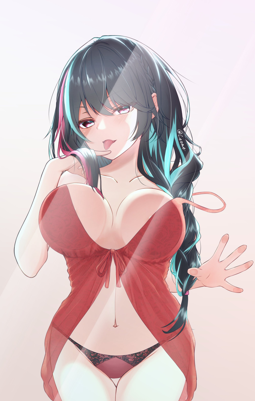 1girl absurdres against_glass aqua_hair babydoll black_hair blush braid breast_press breasts breasts_on_glass collarbone emma_llama hand_on_glass highres indie_virtual_youtuber large_breasts leone_(kamina0205) linea_alba multicolored_hair navel panties pink_eyes pink_hair red_babydoll red_panties second-party_source solo strap_slip streaked_hair thigh_gap tongue tongue_out twitter_username underwear virtual_youtuber