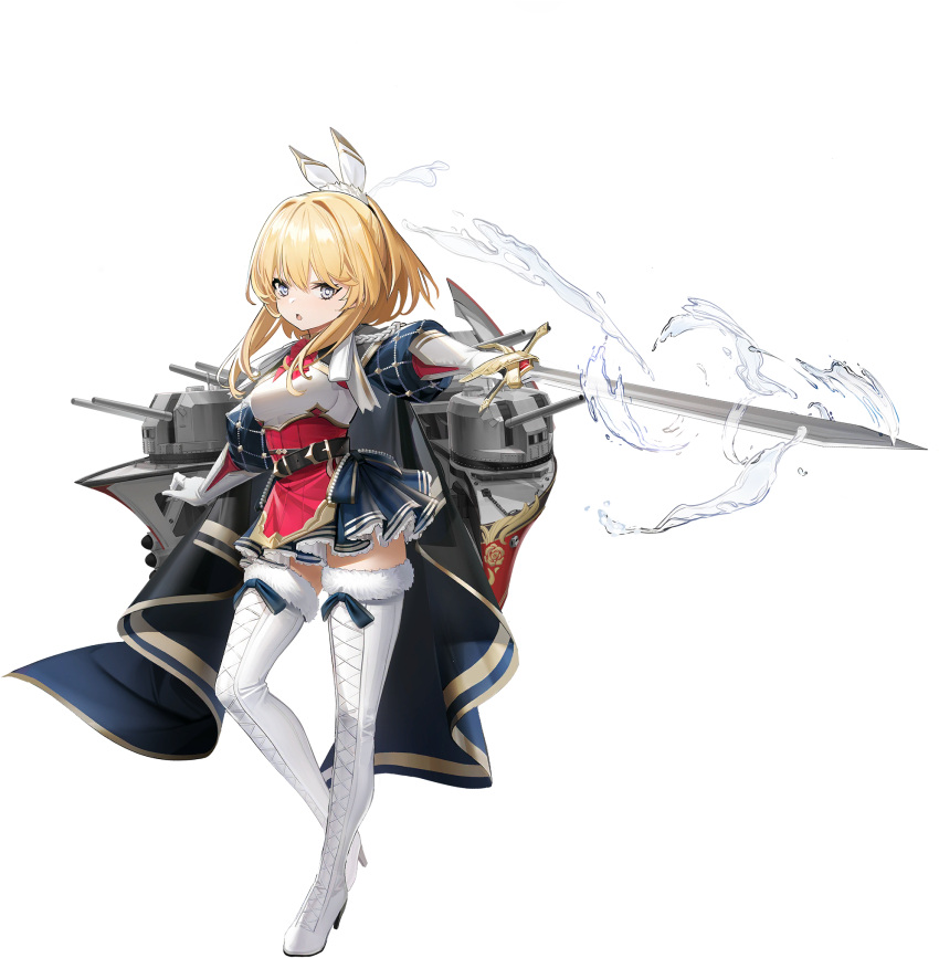 1girl artist_request black_surge_night blonde_hair dido_(black_surge_night) fur-trimmed_legwear fur_trim grey_eyes hair_ribbon high_heels highres holding holding_sword holding_weapon machinery official_art open_mouth pointing_sword ribbon rigging short_hair_with_long_locks solo sword tagme thighhighs third-party_source transparent_background weapon white_ribbon white_thighhighs