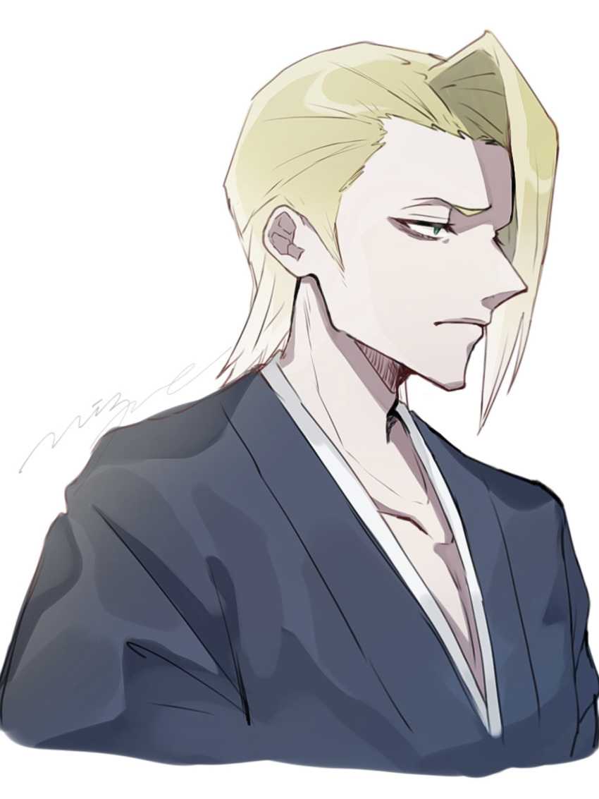 1boy black_kimono bleach blonde_hair closed_mouth from_side green_eyes hair_over_one_eye hhjr_3me highres japanese_clothes kimono kira_izuru looking_to_the_side male_focus pectorals short_hair signature solo upper_body white_background