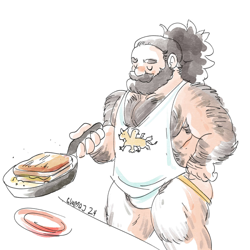 1boy arm_hair armpit_hair armpit_hair_peek ass back_hair baggy_clothes bara beard beard_over_mouth body_fur brown_hair bulge_peek closed_eyes cooking cowboy_shot dungeon_meshi dwarf edging_underwear excessive_pubic_hair facial_hair fake_horns from_side frying_pan full_beard guavajagular hairy helmet highres holding holding_frying_pan horned_helmet horns jockstrap large_pectorals long_beard male_focus male_underwear mature_male muscular muscular_male no_pants pectoral_cleavage pectorals pubic_hair pubic_hair_peek senshi_(dungeon_meshi) sidepec solo tank_top thick_arm_hair thick_beard thick_chest_hair thick_eyebrows thick_leg_hair thick_mustache u_u underwear very_hairy very_long_beard white_male_underwear white_tank_top