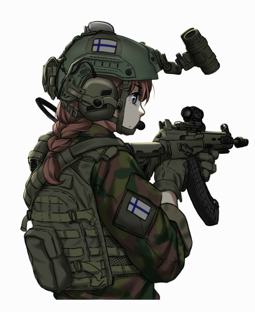 1girl absurdres assault_rifle blue_eyes body_armor braid braided_ponytail brown_hair camouflage camouflage_jacket chin_strap closed_mouth combat_helmet cropped_torso finnish_army finnish_flag from_side gloves green_gloves gun headphones headset helmet highres holding holding_gun holding_weapon jacket long_hair long_sleeves looking_ahead mardjan night_vision_device optical_sight original plate_carrier profile rifle rk62 sideways_mouth simple_background solo weapon white_background