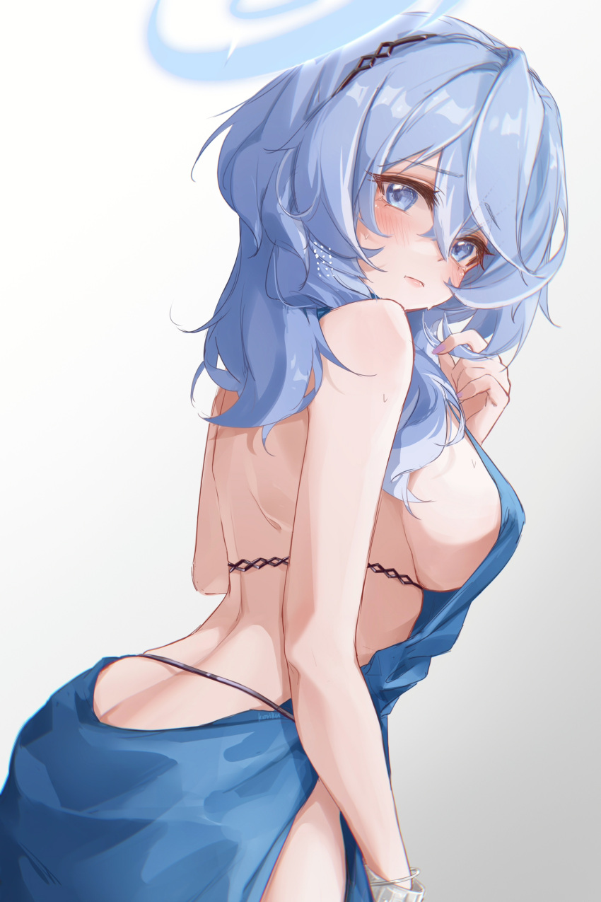 1girl absurdres ako_(blue_archive) ako_(dress)_(blue_archive) aqua_halo artist_name backless_dress backless_outfit bangle bare_back blue_archive blue_eyes blue_hair blue_halo blush bracelet breasts closed_mouth dress hairband halo highres jewelry koriku large_breasts long_hair looking_at_viewer looking_back side_slit sideboob sideless_outfit