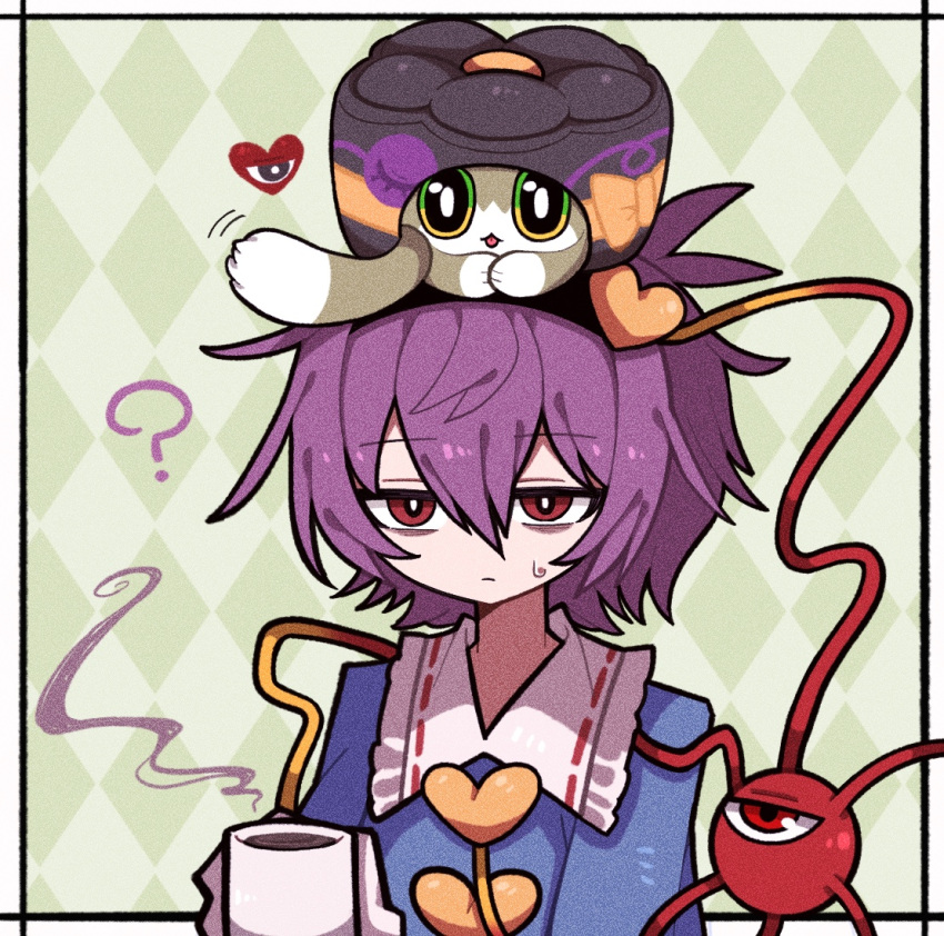 1girl ? animal animal_on_head animalization argyle argyle_background bags_under_eyes black_eyes black_hairband blue_shirt bright_pupils buttons cat cat_on_head closed_mouth critter_pick_(honkai:_star_rail) cup diamond_(shape) film_grain frilled_shirt frilled_shirt_collar frilled_sleeves frills green_background green_cat green_eyes hair_between_eyes hair_ornament hairband hand_up heart heart_button heart_hair_ornament holding holding_cup honkai:_star_rail honkai_(series) komeiji_koishi komeiji_koishi_(cat) komeiji_satori long_sleeves medium_hair motion_lines multicolored_eyes on_head purple_hair red_eyes rhombus_background ribbon-trimmed_collar ribbon_trim shirt siblings sisters third_eye tongue tongue_out touhou upper_body white_cat white_pupils yellow_eyes zunusama