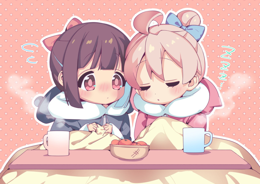 2girls blue_hair blunt_bangs blunt_ends blush bow bowl brown_eyes brown_hair chibi closed_eyes colored_inner_hair commentary cup food fruit hair_bow hair_bun highres hood hood_down hozuki_momiji kotatsu light_blush looking_at_another motituki0 mug multicolored_hair multiple_girls nose_blush official_alternate_costume onii-chan_wa_oshimai! orange_(fruit) outline oyama_mahiro pink_background pink_bow pink_hair polka_dot polka_dot_background red_bow short_hair simple_background sleeping steam table two-tone_hair white_outline zzz