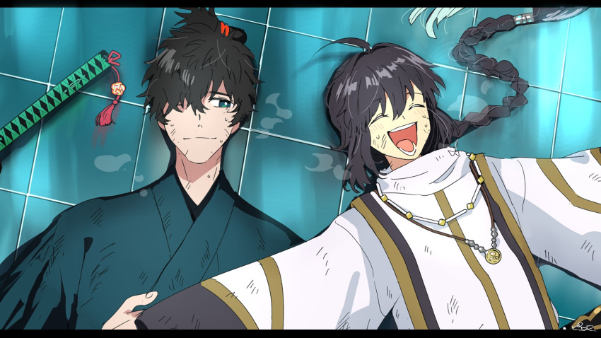 1boy 1other :d ^_^ after_battle ahoge androgynous black_hair blush bright_pupils closed_eyes closed_mouth commentary_request fate/samurai_remnant fate_(series) green_kimono hair_intakes hair_spread_out happy highres japanese_clothes katana kimono long_hair long_sleeves looking_at_another low-tied_long_hair lying miyamoto_iori_(fate) on_back one_eye_closed outstretched_arms pirohi_(pirohi214) shirt short_hair side-by-side smile spiked_hair split_mouth sword teeth tile_floor tiles upper_body weapon white_pupils white_shirt wide_sleeves yamato_takeru_(fate)