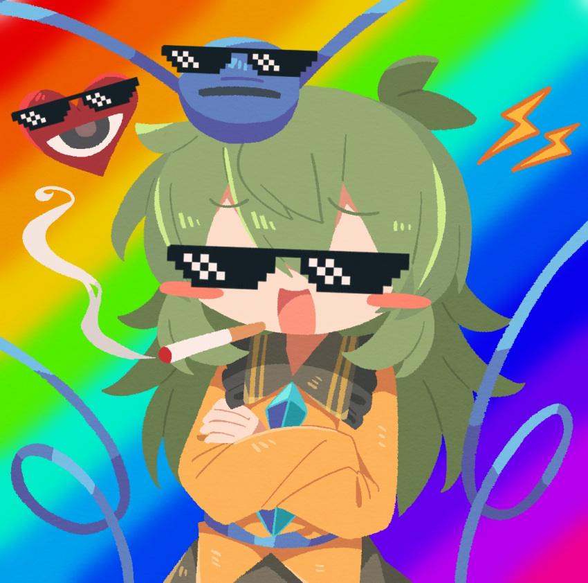 1girl black_eyes blush_stickers buttons cigarette collared_shirt crossed_arms deal_with_it_(meme) diamond_(shape) diamond_button frilled_shirt frilled_shirt_collar frills glasses green_hair green_skirt hair_between_eyes heart jaggy_lines komeiji_koishi lightning_bolt_symbol long_hair long_sleeves meme mlg multicolored_background no_headwear no_lineart open_mouth rainbow rainbow_background shirt simple_background skirt smile smoke smoking solo sunglasses third_eye tongue touhou yellow_shirt zunusama