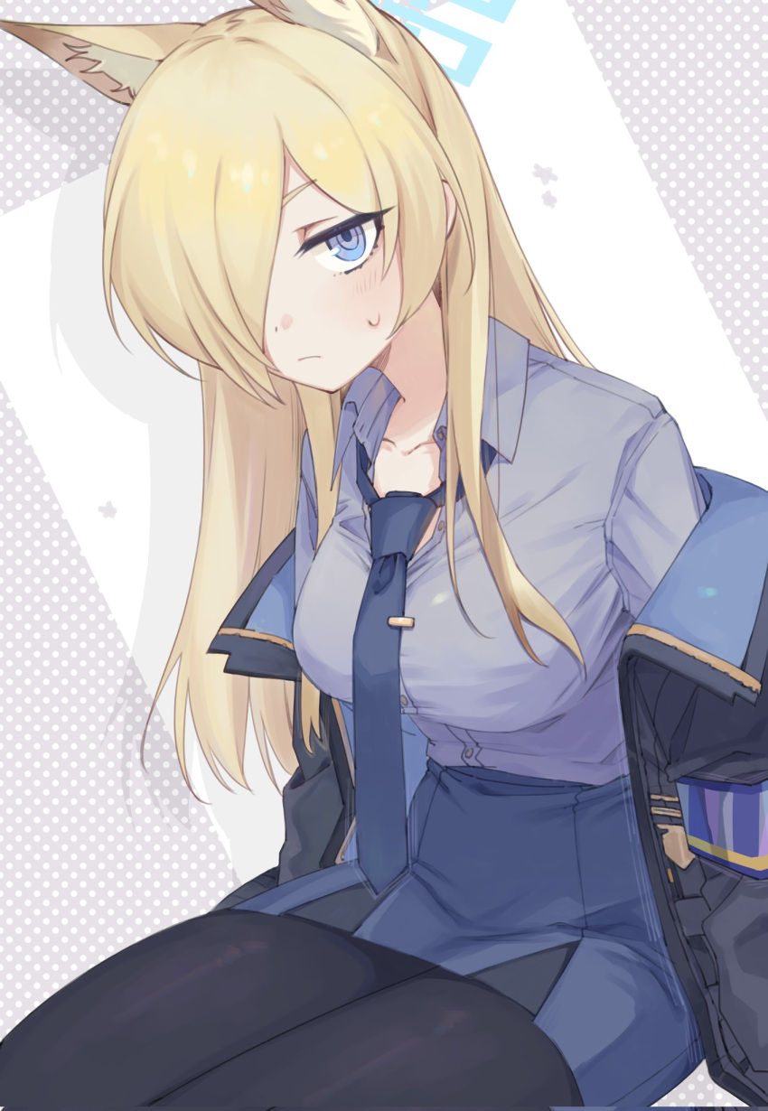 1girl animal_ear_fluff animal_ears black_jacket black_pantyhose blonde_hair blue_archive blue_eyes blue_necktie blue_shirt blue_skirt breasts closed_mouth collared_shirt dog_ears extra_ears feet_out_of_frame hair_over_one_eye highres jacket jitome kanna_(blue_archive) long_hair long_sleeves loose_necktie medium_breasts necktie off_shoulder pantyhose pencil_skirt shirt shirt_tucked_in sidelocks sitting skirt solo sweatdrop tosankaku
