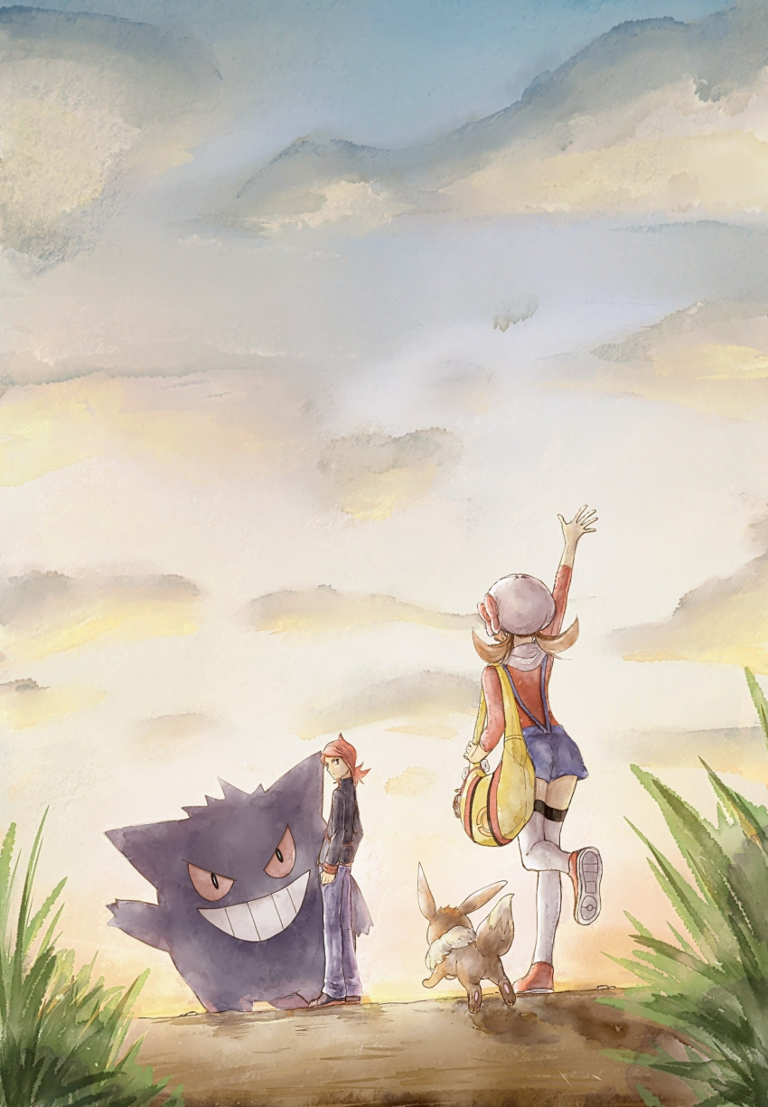 1boy 1girl absurdres arm_up asuka_rkgk brown_hair cloud cowlick day eevee gengar hat highres jacket leg_up long_hair lyra_(pokemon) outdoors overalls pants pokemon pokemon_(creature) pokemon_hgss red_hair shirt shoes silver_(pokemon) sky standing thighhighs twintails white_headwear white_thighhighs yellow_bag