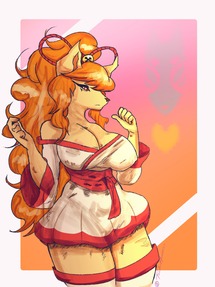 anthro areola areola_slip asian_clothing big_breasts breasts canid canine ceroba_(undertale_yellow) clothing east_asian_clothing female fox hair hi_res huge_breasts japanese_clothing kimono mammal nipple_outline orange_hair solo tsukimoons undertale_(series) undertale_yellow