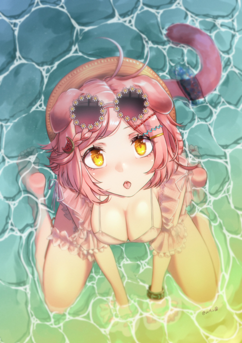 1girl animal_ears arknights artist_name barefoot bikini black_bracelet bracelet braid braided_bangs breasts cat_ears cat_girl cat_tail eyewear_on_head feet floppy_ears frills from_above full_body goldenglow_(arknights) goldenglow_(summer_flowers)_(arknights) gradient_background hair_ornament hairclip highres jacket jewelry large_breasts legs looking_at_viewer medium_hair on_ground open_mouth parted_bangs pink_bikini pink_hair pink_jacket pink_tail scottish_fold sitting soles solo sunglasses swimsuit tail toes tongue wariza water yamauchi_(conan-comy) yellow_eyes