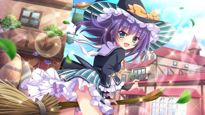 1girl :d aqua_eyes ass barrel black_headwear blue_gemstone blue_hair blue_sky bow brick_wall building chain clothing_request cloud day dot_nose dutch_angle falling_leaves fantasy film_grain from_side game_cg gem green_skirt hat hat_bow honjou_kasumi izumi_tsubasu layered_skirt leaf lens_flare looking_at_viewer medieval medium_hair non-web_source official_art open_mouth outdoors re:stage! skirt sky smile solo sparkle striped_clothes striped_headwear striped_skirt sunlight two-sided_fabric two-sided_headwear vertical-striped_clothes vertical-striped_skirt white_skirt wide_brim wide_sleeves wind window witch_hat yellow_bow