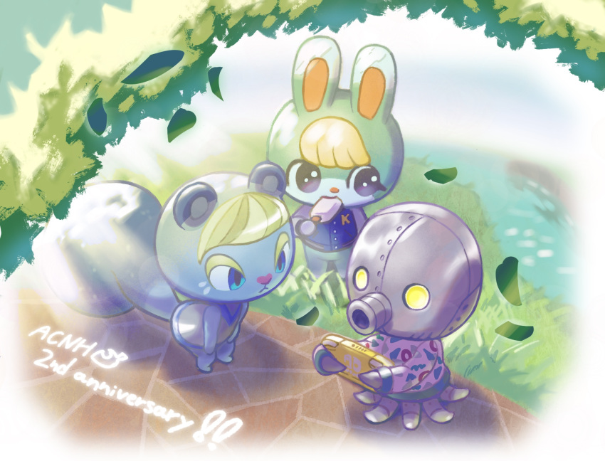 1girl 2boys :&lt; animal_crossing anniversary blonde_hair blue_eyes blue_jacket border buttons cephalobot_(animal_crossing) closed_mouth commentary_request copyright_name day dress falling_leaves food food_in_mouth furry furry_female furry_male grass grey_dress hand_up handheld_game_console highres holding holding_food holding_handheld_game_console holding_popsicle ione_(animal_crossing) jacket kopa_nishikida leaf letterman_jacket light_rays long_sleeves multiple_boys nintendo_switch outdoors popsicle print_shirt purple_eyes rabbit_boy sasha_(animal_crossing) shirt sleeveless sleeveless_dress squirrel_girl standing tree water white_border white_shirt yellow_eyes