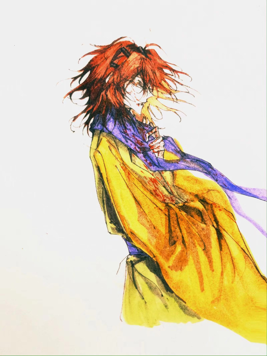 1other ahoge androgynous blood blood_on_clothes blood_on_face blood_on_hands blue_scarf chinese_commentary closed_eyes coat commentary_request from_side highres len'en long_sleeves marker_(medium) medium_hair orange_hair other_focus pale_skin scarf simple_background sketch solo traditional_media white_background wide_sleeves yellow_coat zuifeng_tenkai zyun62