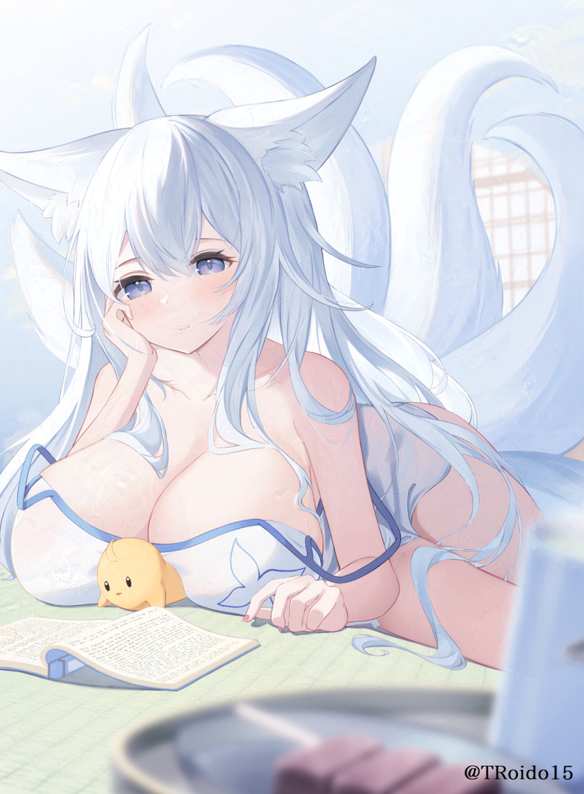 1girl alternate_costume animal_ear_fluff artist_name azur_lane blurry blurry_foreground book breasts cleavage hair_between_eyes hand_on_own_cheek hand_on_own_face highres huge_breasts indoors large_tail long_hair manjuu_(azur_lane) open_book purple_eyes reading roido_(taniko-t-1218) shinano_(azur_lane) shirt solo spaghetti_strap tail very_long_hair white_hair white_shirt white_tail