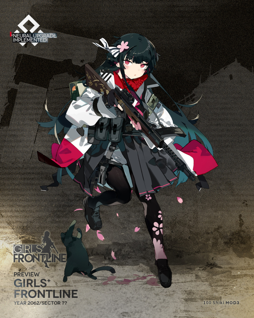 1girl :o black_cat black_footwear black_gloves black_hair black_pantyhose black_skirt cat character_name cherry_blossom_print cherry_blossoms coat commentary copyright_name english_commentary fingerless_gloves floral_print flower full_body girls'_frontline gloves green_bag gun hair_flower hair_ornament hair_ribbon high-waist_skirt highres holding holding_gun holding_weapon karei loafers long_sleeves looking_at_viewer neckerchief official_alternate_costume official_art pantyhose parted_lips pink_neckerchief pleated_skirt pouch red_eyes red_scarf ribbon scarf second-party_source shoes skirt snap-fit_buckle solo standing standing_on_one_leg striped_ribbon submachine_gun trigger_discipline type_100 type_100_(girls'_frontline) type_100_(mod3)_(girls'_frontline) weapon white_coat white_ribbon