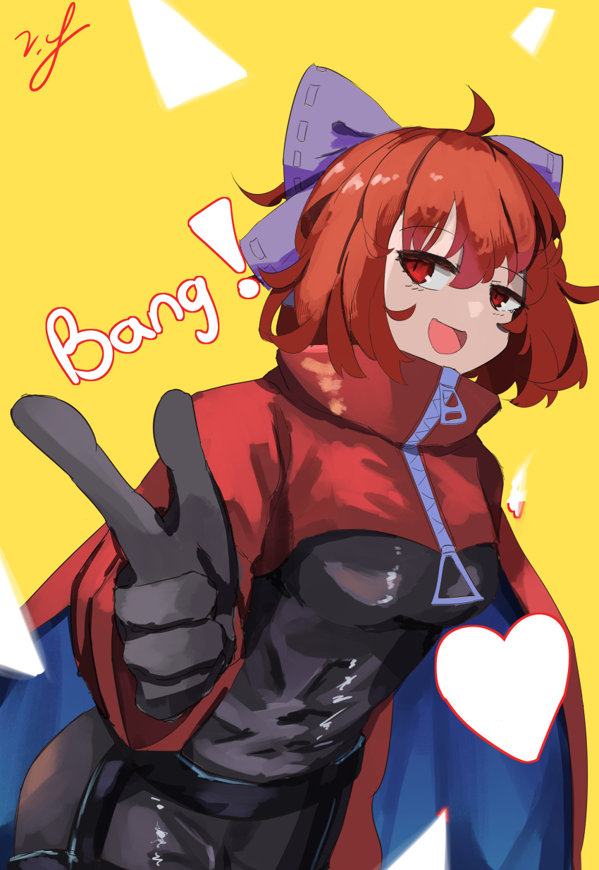 absurdres black_bodysuit bodysuit bow cape cloak english_text finger_gun hair_bow heart highres open_mouth red_cape red_cloak red_eyes red_hair ribbon-trimmed_bow rock_'n'_rock_'n'_beat sekibanki touhou two-sided_cape two-sided_fabric two-tone_cape vanilla_flan zipper