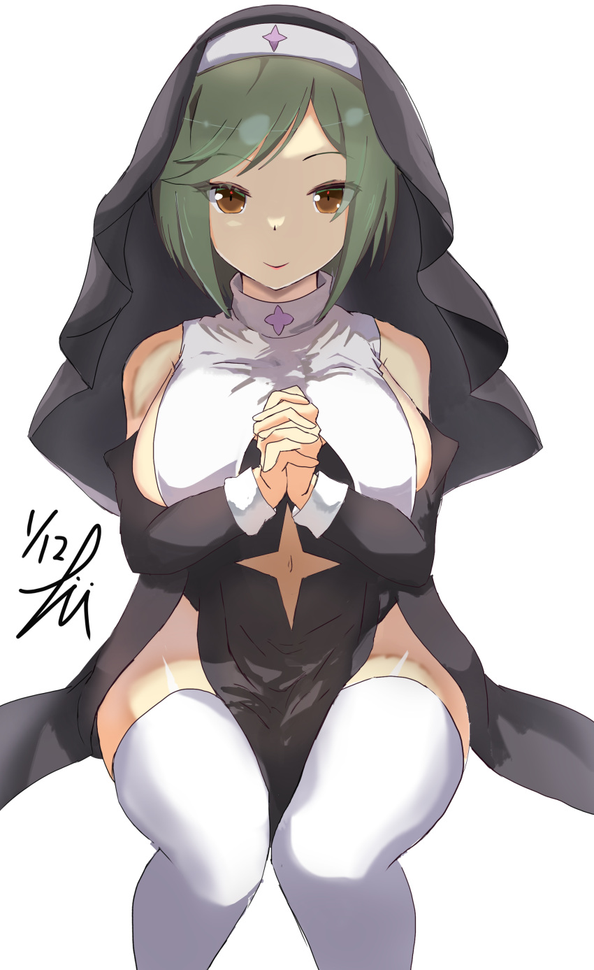 1girl absurdres alternate_costume armpit_crease bare_shoulders breasts brown_eyes clothing_cutout dated green_hair habit highres large_breasts looking_at_viewer mai_(senran_kagura) navel_cutout nun own_hands_clasped own_hands_together revealing_clothes senran_kagura senran_kagura_new_link senran_kagura_new_wave shiny_skin short_hair sideboob signature simple_background sitting smile solo star_cutout takumi_munato thighhighs thighs white_background white_thighhighs