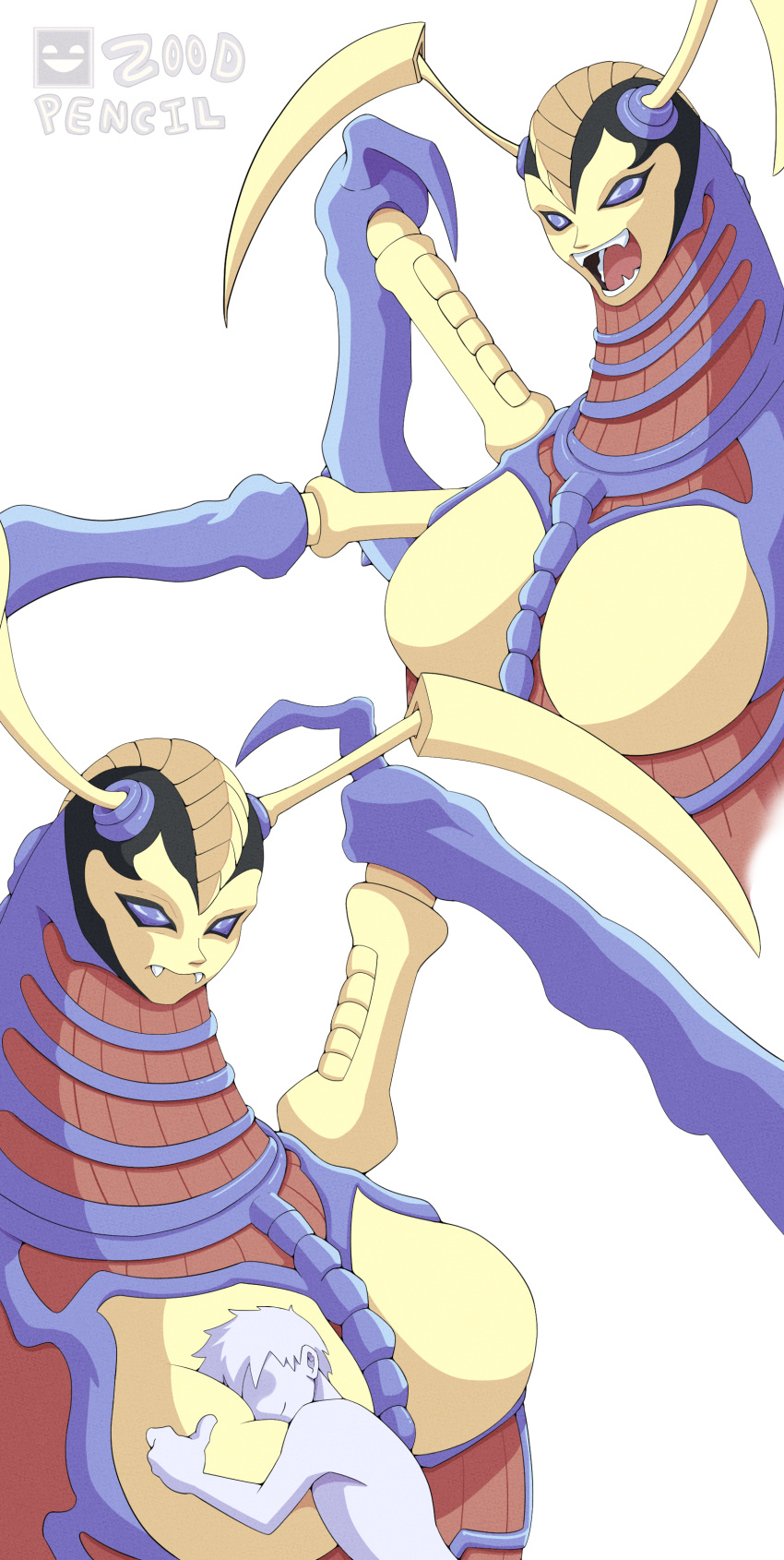 absurd_res antennae_(anatomy) arthropod big_breasts breasts cuddling duo embrace exoskeleton faceless_character faceless_male fangs female head_on_breast hi_res hug huge_breasts human insect larger_female male male/female mammal monster size_difference smaller_male teeth yu-gi-oh! zoodpencil