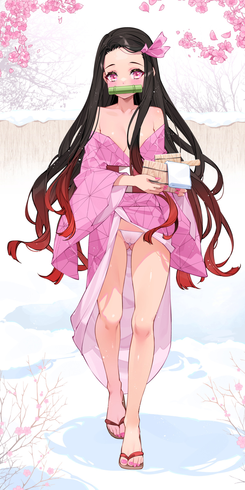 1girl absurdres ass_visible_through_thighs bamboo bare_legs bare_shoulders bit_gag black_hair blush breasts bucket cameltoe checkered_sash cherry_blossoms commentary_request english_commentary feet fence fingernails full_body gag gradient_hair hair_ribbon highres holding japanese_clothes kamado_nezuko kimetsu_no_yaiba kimono legs long_fingernails long_hair long_sleeves looking_at_viewer medium_breasts mixed-language_commentary multicolored_hair nail_polish obi off_shoulder outdoors paid_reward_available panties pink_eyes pink_kimono pink_nails pink_ribbon red_hair red_sash ribbon sandals sash snow solo toenail_polish toenails toes tree underwear very_long_hair walking waterring white_panties white_towel wide_sleeves wooden_bucket wooden_fence zouri