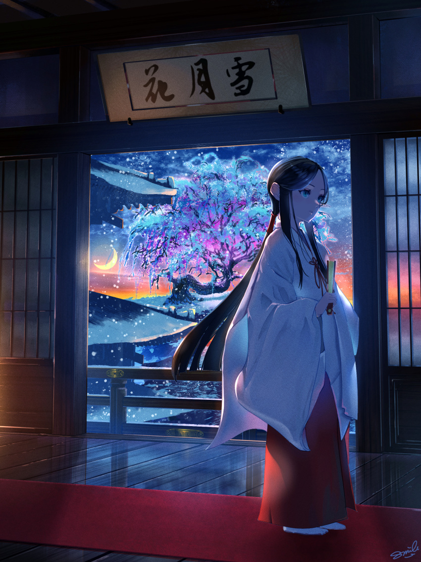 1girl absurdres cherry_blossoms cloud commentary_request crescent_moon evening fantasy hakama hakama_skirt hand_fan highres holding holding_fan japanese_clothes long_hair miko moon original paper_fan parted_bangs railing red_hakama reflective_floor scenery skirt smile_(qd4nsvik) snow socks standing star_(sky) tree very_long_hair white_background white_socks wide_sleeves wooden_floor