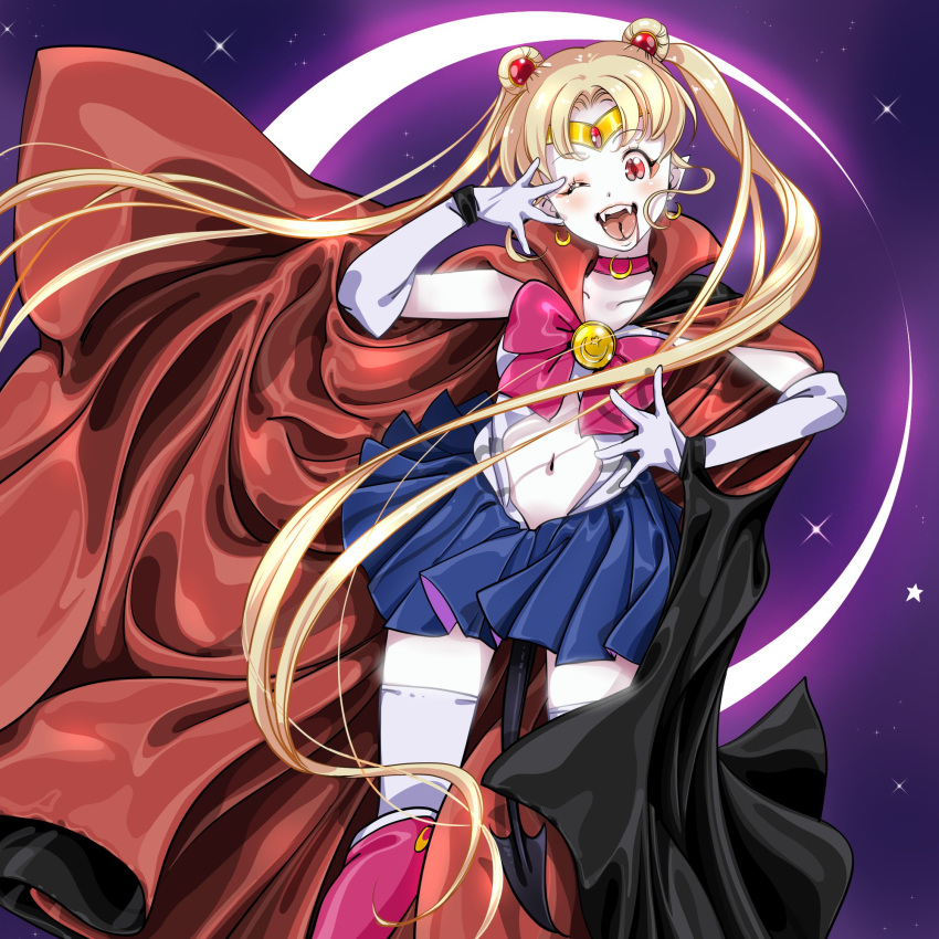 1girl adapted_costume bishoujo_senshi_sailor_moon blonde_hair blue_sailor_collar boots bow bowtie cape choker crescent demon_tail double_bun earrings elbow_gloves forked_tongue gloves hair_bun hair_ornament heart highres jewelry long_hair midriff navel parted_bangs red_bow red_bowtie red_choker red_eyes red_footwear sailor_collar sailor_moon sailor_senshi_uniform shirt skirt smile solo tail tongue twintails vampire white_gloves white_shirt yozora