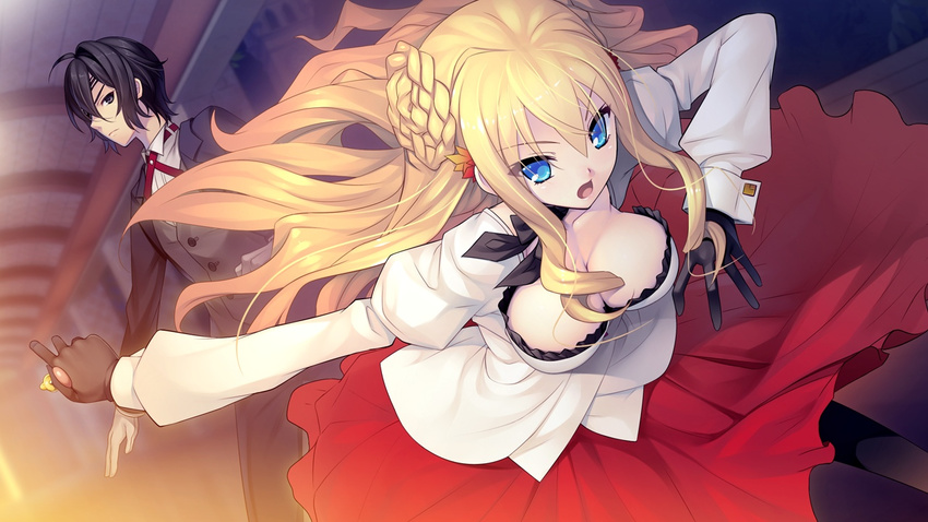 1girl adelheid_ritter_von_weinberger black_hair blonde_hair blue_eyes breasts cleavage double_bun game_cg gloves highres large_breasts long_hair looking_at_viewer open_mouth serious short_hair skirt standing tokeijikake_no_ley_line:_asagiri_ni_chiru_hana tokeijikake_no_ley_line:_zan'ei_no_yoru_ga_akeru_toki tokeijikake_no_ley_line:_zan'ei_no_yoru_ga_akeru_toki urabi_(tomatohouse)