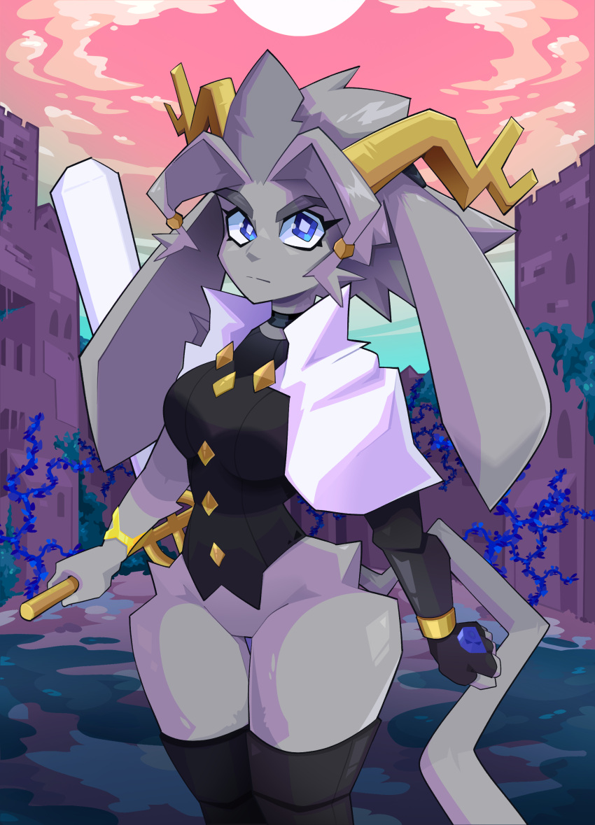 absurd_res anthro antlers blue_eyes bottomless bottomless_female choker clothed clothing corset featureless_crotch female fur grey_body grey_fur hi_res horn jackalope jewelry lagomorph legwear lingerie looking_at_viewer mammal necklace pseudoregalia razur_(artist) solo sybil_(pseudoregalia) thigh_highs topwear