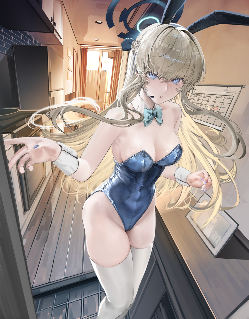 1girl absurdres animal_ears blonde_hair blue_archive blue_eyes blue_leotard breasts detached_collar earpiece fake_animal_ears hair_between_eyes highres jdep leotard long_hair medium_breasts parted_lips rabbit_ears solo strapless strapless_leotard thighhighs toki_(blue_archive) toki_(bunny)_(blue_archive) white_thighhighs wrist_cuffs