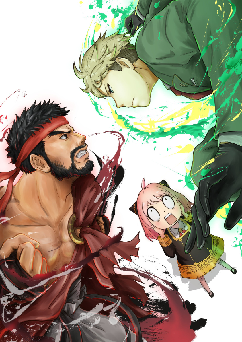 1girl 2boys absurdres anya_(spy_x_family) bara black_hair blonde_hair boxing_gloves capcom child dougi dress eden_academy_school_uniform facial_hair father_and_daughter fingerless_gloves forked_eyebrows gloves green_eyes green_suit hairpods headband highres kaib0y long_sleeves male_focus martial_arts_belt multiple_boys muscular muscular_male open_mouth pectorals pink_hair red_headband ryu_(street_fighter) school_uniform shirt short_hair simple_background spy_x_family street_fighter street_fighter_6 suit thick_eyebrows twilight_(spy_x_family)