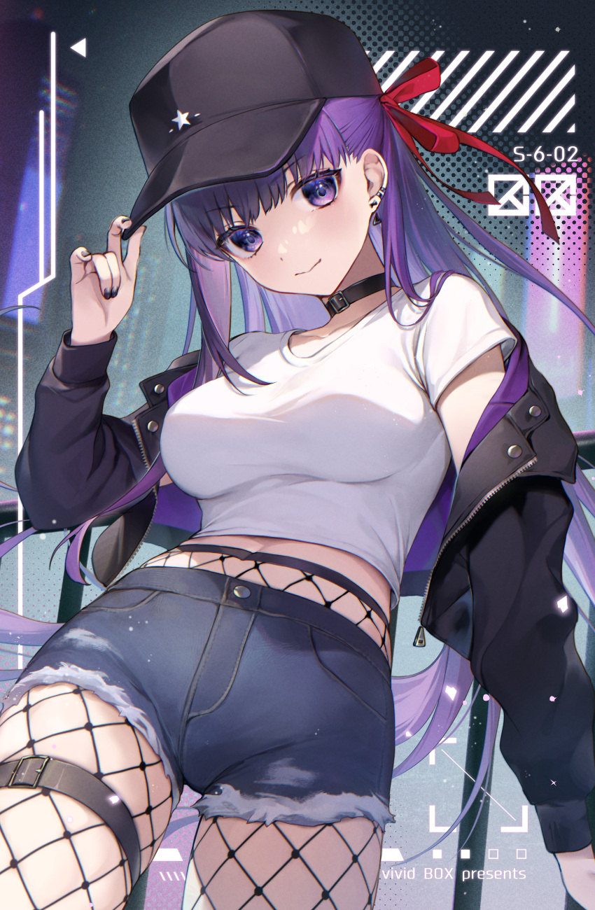 1girl absurdres baseball_cap bb_(fate) bb_(fate/extra) black_headwear black_jacket blue_shorts blush breasts choker closed_mouth cutoffs denim denim_shorts fate/extra fate/extra_ccc fate_(series) fishnet_pantyhose fishnets hair_ribbon hat highres jacket large_breasts long_hair long_sleeves looking_at_viewer off_shoulder open_clothes open_jacket pantyhose purple_eyes purple_hair red_ribbon ribbon shirt short_shorts short_sleeves shorts smile solo very_long_hair vivi_(eve_no_hakoniwa) white_shirt