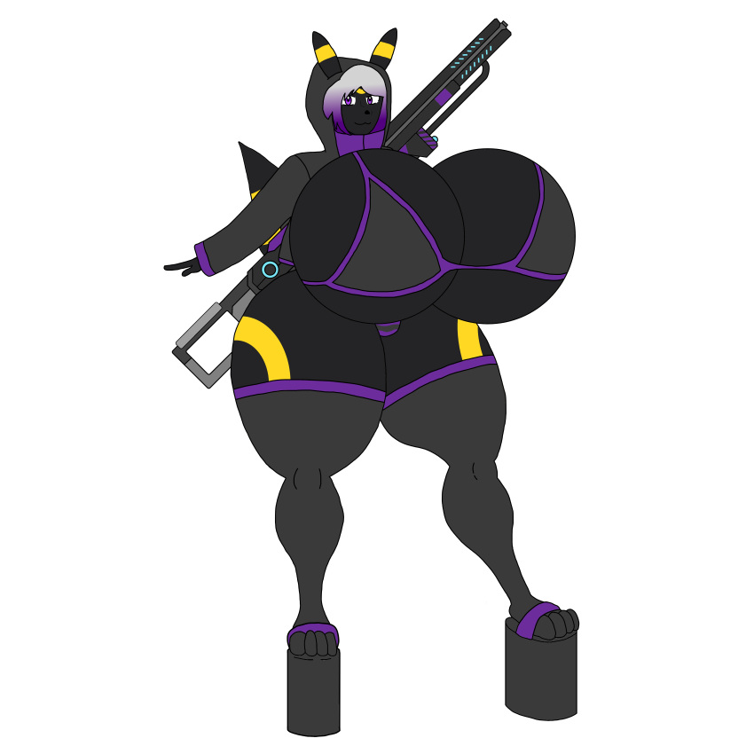 absurd_res anthro big_breasts breasts clothing eeveelution euna_(garybones) female footwear garybones generation_2_pokemon gun hi_res high_heels hood huge_breasts hyper hyper_breasts nintendo platform_footwear platform_heels pokemon pokemon_(species) ranged_weapon rifle sniper sniper_rifle solo thick_thighs umbreon weapon