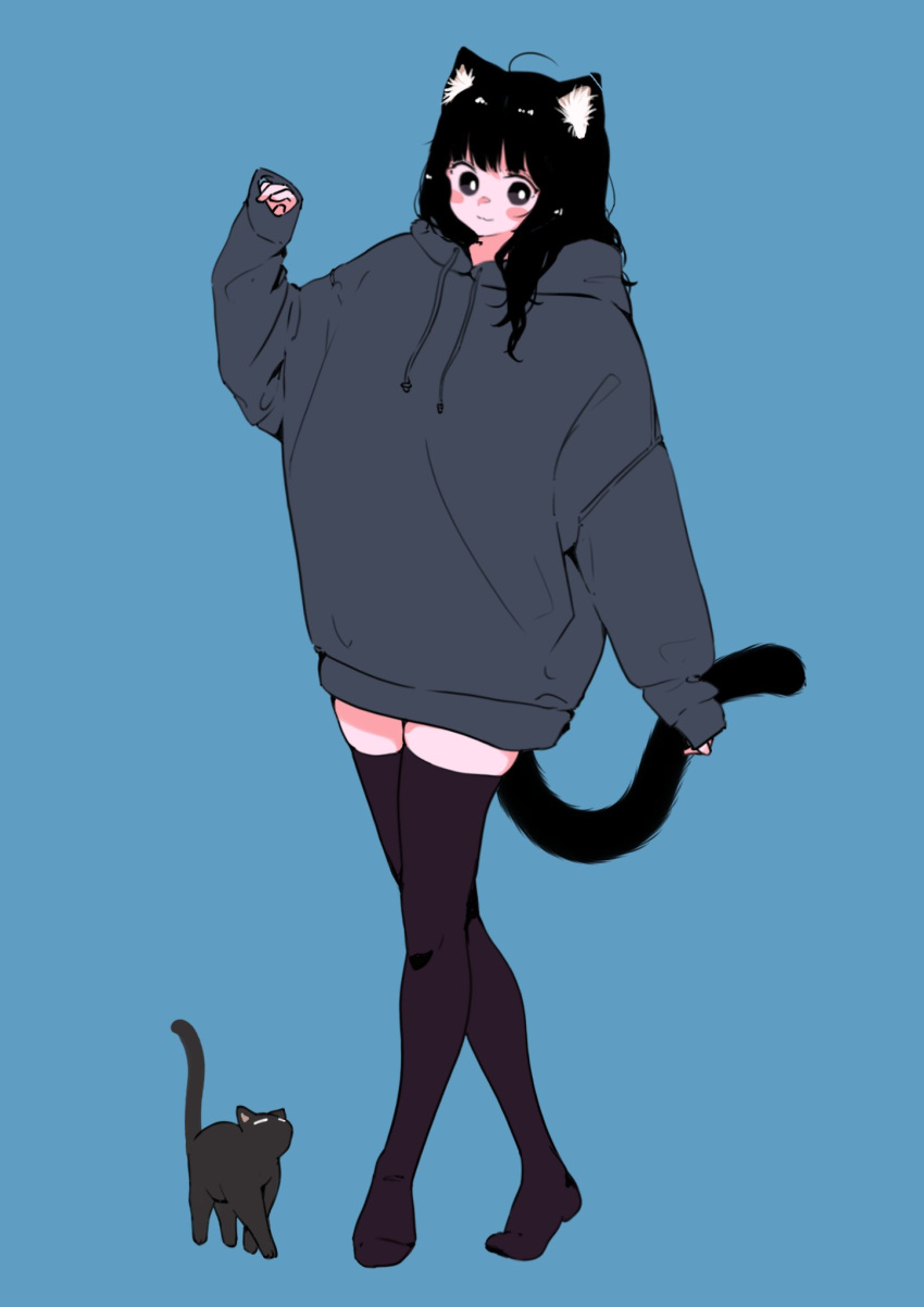 1girl animal_ears black_eyes black_hair black_thighhighs blue_background bright_pupils cat cat_ears cat_girl cat_tail full_body grey_sweater hand_up highres megateru original simple_background solo sweater tail thighhighs tiptoes walking white_pupils
