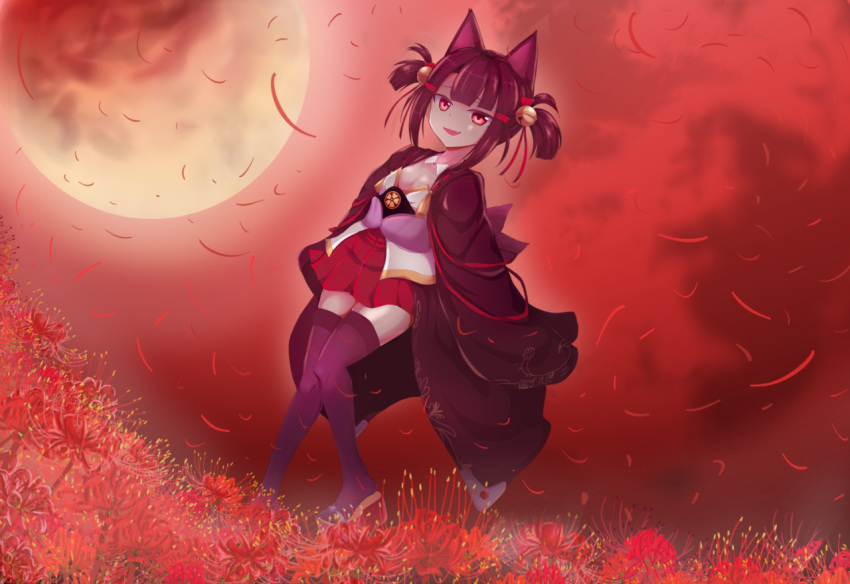 1girl akagi-chan_(azur_lane) animal_ears azur_lane bell black_kimono black_thighhighs brown_hair flower fox_ears fox_girl fox_tail full_moon hair_bell hair_ornament huge_moon japanese_clothes kimono moon multiple_tails mutsuki_shougatsu night night_sky open_mouth outdoors petals platform_footwear pleated_skirt red_clouds red_eyes red_flower red_skirt ribbon-trimmed_kimono sandals short_hair skirt sky smile solo spider_lily tail thighhighs twintails wide_sleeves zettai_ryouiki