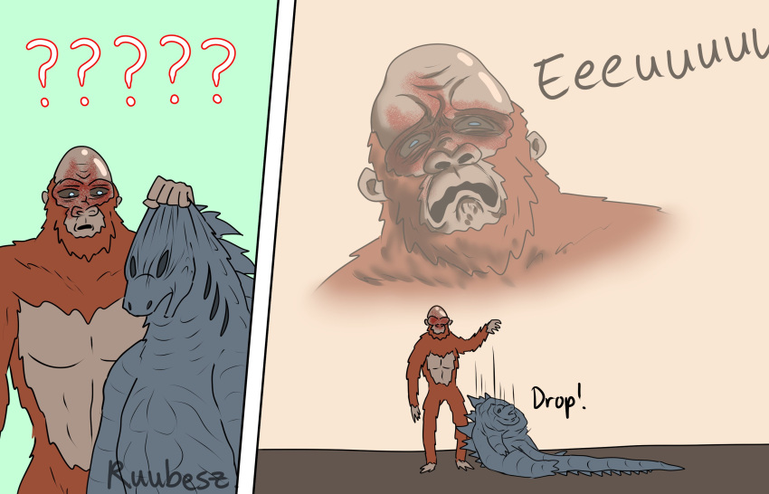 bald disgust disgusted_face disturbed empty_eyes english_text feral godzilla godzilla_(series) hi_res male question_mark ruubeszdraws shedding shedding_skin simple_background skar_king solo sound_effects text toho