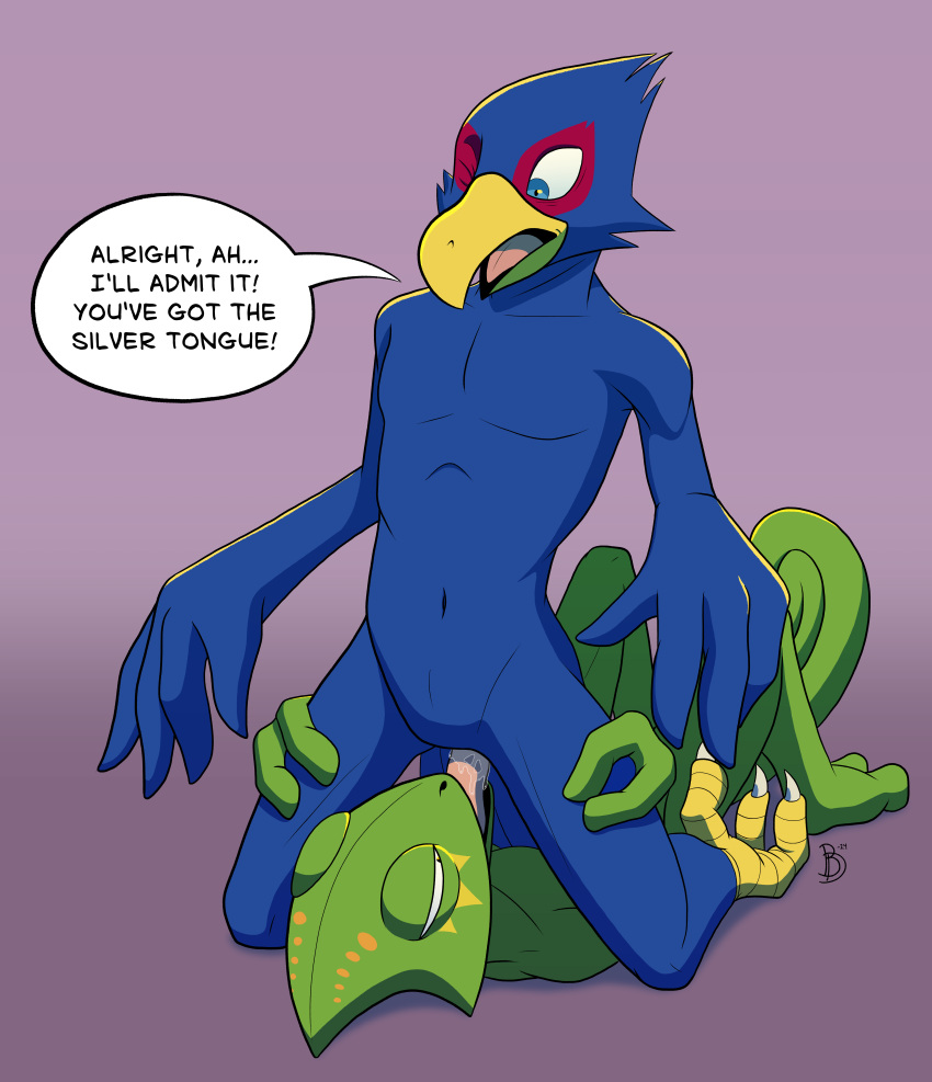 absurd_res anthro avian avian_feet beak birbdrain bird blue_body blue_eyes bodily_fluids chameleon cheek_tuft cloaca_juice cloaca_juice_drip cloaca_juice_on_tongue cloacal cloacalingus coiled_tail dialogue digital_drawing_(artwork) digital_media_(artwork) duo eye_markings facial_tuft falco_lombardi feather_hands feathers genital_fluids green_body hi_res kneeling leon_powalski lizard lying male male/male markings narrowed_eyes navel nintendo nude nude_male on_back one_eye_closed oral reptile scalie sex simple_background speech_bubble star_fox tail tuft