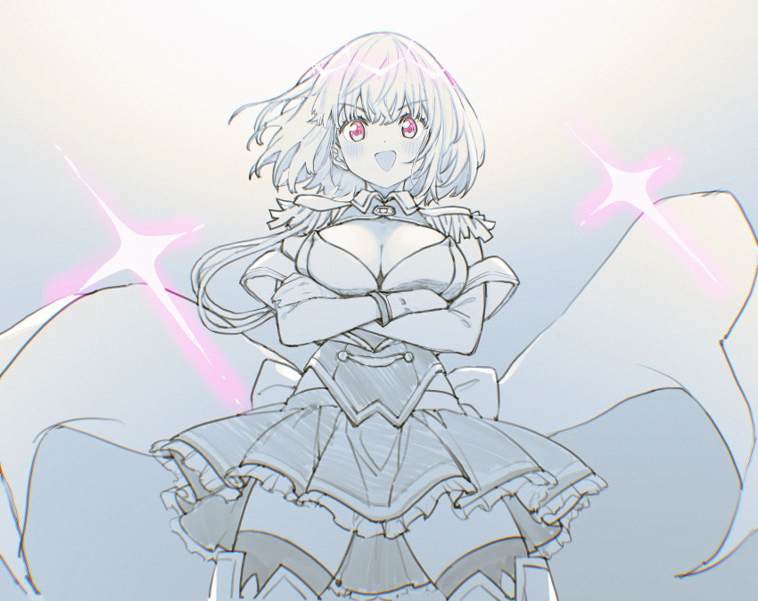 1girl arms_under_breasts boots breasts cleavage cowboy_shot diffraction_spikes epaulettes frilled_skirt frills gloves gridman_universe gridman_universe_(film) gunbuster_pose highres limited_palette looking_at_viewer nosir_onadat official_alternate_costume open_mouth red_eyes shinjou_akane shinjou_akane_(new_order) short_hair skirt solo ssss.gridman straight-on thighhighs thighhighs_under_boots zettai_ryouiki